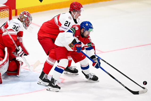 Czech Republic's forward #19 Jakub Flek (R) and Denmark's defender #21 Kasper Larsen fight for the puck next to Denmark's goalkeeper #30 Mads Sogaard during the IIHF Ice Hockey Men's World Championship  first round group B ice hockey match between Czech Republic and Denmark at  at BFC Arena, in Fribourg, Switzerland, on May 15, 2026. (Photo by Fabrice COFFRINI / AFP)