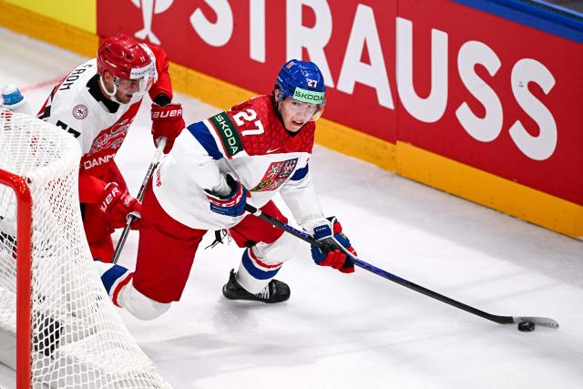 Denmark's forward #77 Mathias From and Czech Republic's defender #27 Marek Alscher fight for the puck during the IIHF Ice Hockey Men's World Championship  first round group B ice hockey match between Czech Republic and Denmark at  at BFC Arena, in Fribourg, Switzerland, on May 15, 2026. (Photo by Fabrice COFFRINI / AFP)