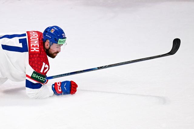 h Republic's defender #17 Filip Hronek reacts during the IIHF Ice Hockey Men's World Championship  first round group B ice hockey match between Czech Republic and Denmark at  at BFC Arena, in Fribourg, Switzerland, on May 15, 2026. (Photo by Fabrice COFFRINI / AFP)