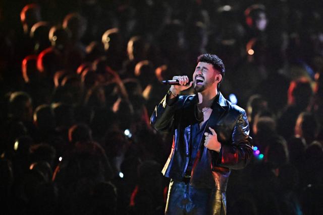 Israeli singer Noam Bettan, representing Israel with the song 'Michelle', performs during the dress rehearsal for the grand final of the Eurovision Song Contest 2026 (ESC) at Wiener Stadthalle in Vienna, Austria on May 15, 2026. (Photo by Tobias SCHWARZ / AFP)