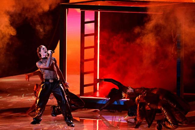 Danish singer Soeren Torpegaard Lund, representing Denmark with the song 'For Vi Gar Hjem', performs during the dress rehearsal for the grand final of the Eurovision Song Contest 2026 (ESC) at Wiener Stadthalle in Vienna, Austria on May 15, 2026. (Photo by Tobias SCHWARZ / AFP)
