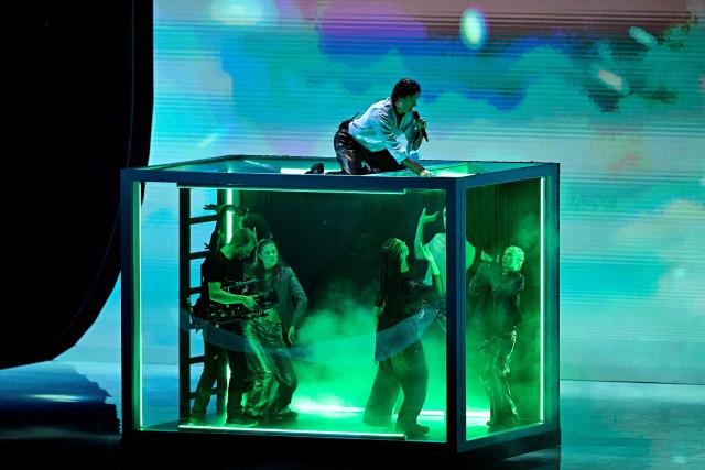 Danish singer Soeren Torpegaard Lund, representing Denmark with the song 'For Vi Gar Hjem', performs during the dress rehearsal for the grand final of the Eurovision Song Contest 2026 (ESC) at Wiener Stadthalle in Vienna, Austria on May 15, 2026. (Photo by Tobias SCHWARZ / AFP)