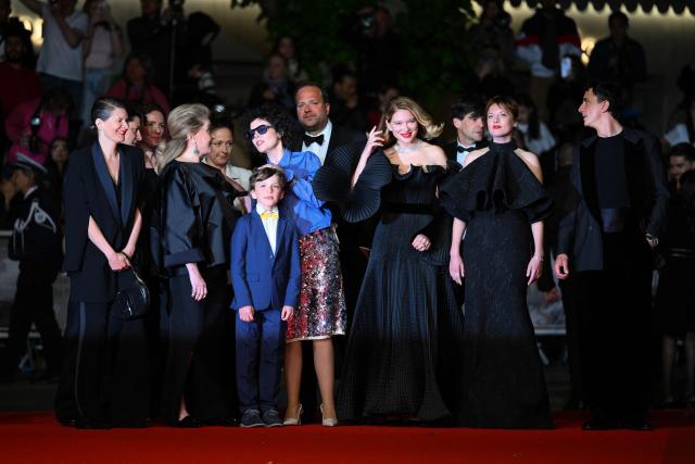 French actress Catherine Deneuve (2ndL) Austrian director Marie Kreutzer (C-L), French actor Malo Blanchet (3rdL), Producer Alexander Glehr (C), French actress Lea Seydoux (C-R) and German actress Jella Haase (R) arrive for the screening of the film "Gentle Monster" at the 79th edition of the Cannes Film Festival in Cannes, southern France on May 15, 2026. (Photo by Olivier CHASSIGNOLE / AFP)