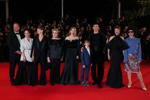 (From L) Producer Alexander Glehr, Austrian producer Johanna Scherz, a guest, French actress Catherine Deneuve, French actress Lea Seydoux, French actor Malo Blanchet, German actor Laurence Rupp, German actress Jella Haase and Austrian director Marie Kreutzer arrive for the screening of the film "Gentle Monster" at the 79th edition of the Cannes Film Festival in Cannes, southern France on May 15, 2026. (Photo by Thibaud MORITZ / AFP)