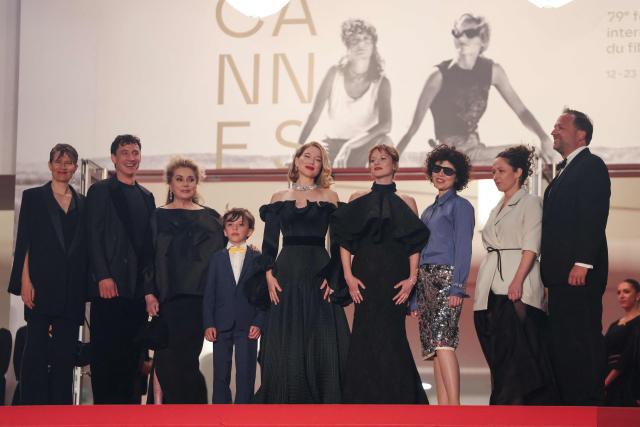 (From L) French singer Camille, German actor Laurence Rupp, French actress Catherine Deneuve, French actor Malo Blanchet, French actress Lea Seydoux, German actress Jella Haase, Austrian director Marie Kreutzer, Austrian producer Johanna Scherz and Producer Alexander Glehr  arrive for the screening of the film "Gentle Monster" at the 79th edition of the Cannes Film Festival in Cannes, southern France on May 15, 2026. (Photo by Thibaud MORITZ / AFP)