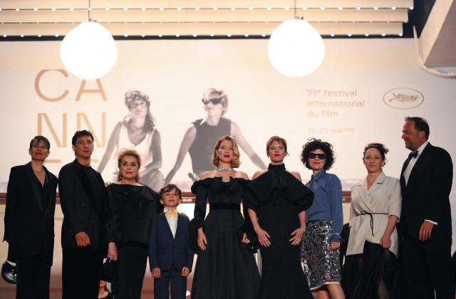 (From L) French singer Camille, German actor Laurence Rupp, French actress Catherine Deneuve, French actor Malo Blanchet, French actress Lea Seydoux, German actress Jella Haase, Austrian director Marie Kreutzer, Austrian producer Johanna Scherz and Producer Alexander Glehr  arrive for the screening of the film "Gentle Monster" at the 79th edition of the Cannes Film Festival in Cannes, southern France on May 15, 2026. (Photo by Olivier CHASSIGNOLE / AFP)