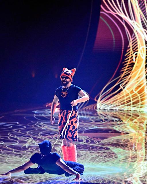 Greek singer Akylas Mytilinaios, aka Akylas and representing Greece with the song 'Ferto', performs during the dress rehearsal for the grand final of the Eurovision Song Contest 2026 (ESC) at Wiener Stadthalle in Vienna, Austria on May 15, 2026. (Photo by Tobias SCHWARZ / AFP)