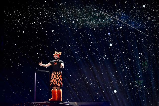 Greek singer Akylas Mytilinaios, aka Akylas and representing Greece with the song 'Ferto', performs during the dress rehearsal for the grand final of the Eurovision Song Contest 2026 (ESC) at Wiener Stadthalle in Vienna, Austria on May 15, 2026. (Photo by Tobias SCHWARZ / AFP)
