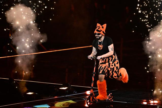 Greek singer Akylas Mytilinaios, aka Akylas and representing Greece with the song 'Ferto', performs during the dress rehearsal for the grand final of the Eurovision Song Contest 2026 (ESC) at Wiener Stadthalle in Vienna, Austria on May 15, 2026. (Photo by Tobias SCHWARZ / AFP)