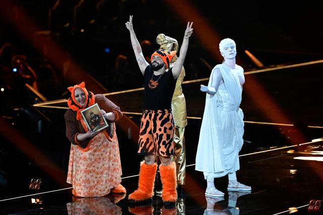 Greek singer Akylas Mytilinaios, aka Akylas and representing Greece with the song 'Ferto', performs during the dress rehearsal for the grand final of the Eurovision Song Contest 2026 (ESC) at Wiener Stadthalle in Vienna, Austria on May 15, 2026. (Photo by Tobias SCHWARZ / AFP)