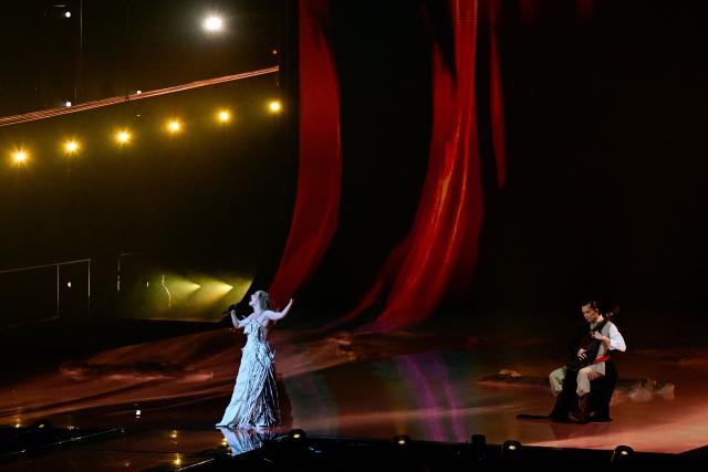 Ukrainian singer Victoria Leleka, aka Leleka and representing Ukraine with the song 'Ridnym', performs during the dress rehearsal for the grand final of the Eurovision Song Contest 2026 (ESC) at Wiener Stadthalle in Vienna, Austria on May 15, 2026. (Photo by Tobias SCHWARZ / AFP)