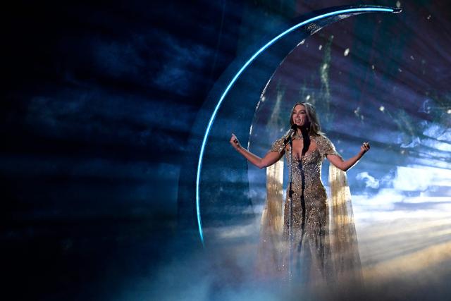 Australian singer Delta Goodrem, representing Australia with the song 'Eclipse', performs during the dress rehearsal for the grand final of the Eurovision Song Contest 2026 (ESC) at Wiener Stadthalle in Vienna, Austria on May 15, 2026. (Photo by Tobias SCHWARZ / AFP)