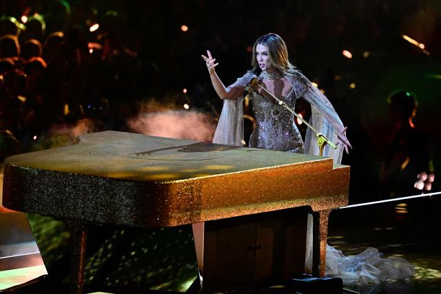 Australian singer Delta Goodrem, representing Australia with the song 'Eclipse', performs during the dress rehearsal for the grand final of the Eurovision Song Contest 2026 (ESC) at Wiener Stadthalle in Vienna, Austria on May 15, 2026. (Photo by Tobias SCHWARZ / AFP)