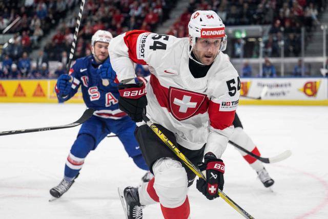 Switzerland's defender #54 Christian Marti reacts during the IIHF Ice Hockey Men's World Championship first round group A ice hockey match between USA and Switzerland at the Swiss Life Arena, in Zurich, on May 15, 2026. (Photo by ENNIO LEANZA / AFP)