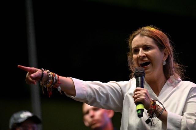 Colombia's presidential candidate Paloma Valencia , of the Centro Democratico party, addresses supporters during a campaign rally in Cali, Colombia on May 15, 2026. Colombia will hold presidential elections on May 31. (Photo by JOAQUIN SARMIENTO / AFP)