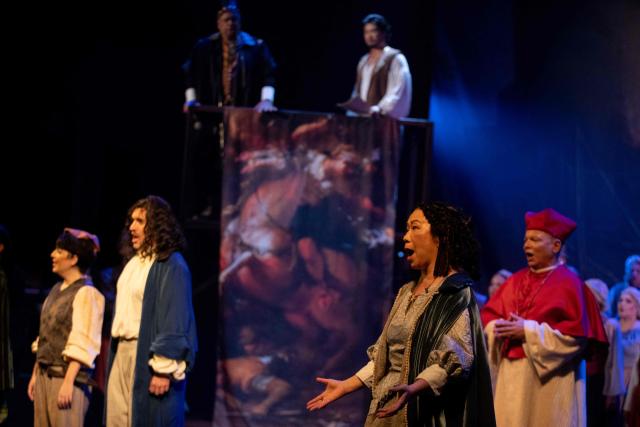 Performers stage the opera "Salvator Rosa" by Brazilian composer Carlos Gomes during the 27th Amazonas Opera Festival (FAO) at the Amazonas Theater in Manaus, Amazonas state, Brazil on May 15, 2026. Set in 17th-century Italy, the opera follows the painter and poet Salvator Rosa, who is caught up in political and romantic conflicts. (Photo by MICHAEL DANTAS / AFP)