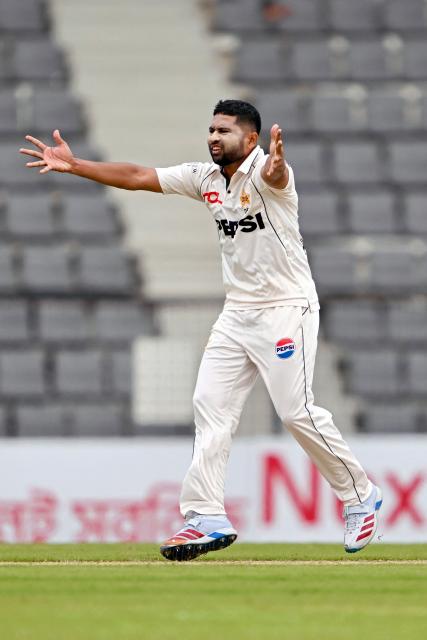 Pakistan’s Khurram Shahzad successfully appeals for leg before wicket (LBW) against Bangladesh’s Mushfiqur Rahim during the first day of the second Test cricket match between Bangladesh and Pakistan at the Sylhet International Cricket Stadium in Sylhet on May 16, 2026. (Photo by Munir UZ ZAMAN / AFP)