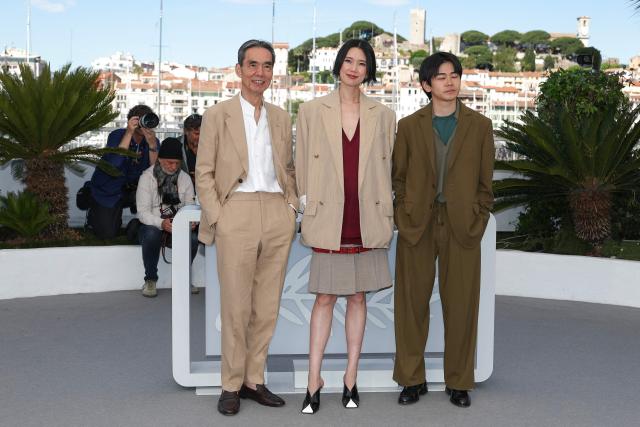 (From L) Japanese actor Kyozo Nagatsuka, Japanese actress Tao Okamoto and Japanese actor Kodai Kurosaki pose during a photocall of the film "Soudain" (All of a Sudden) at the 79th edition of the Cannes Film Festival in Cannes, southern France on May 16, 2026. (Photo by Sameer AL-DOUMY / AFP)