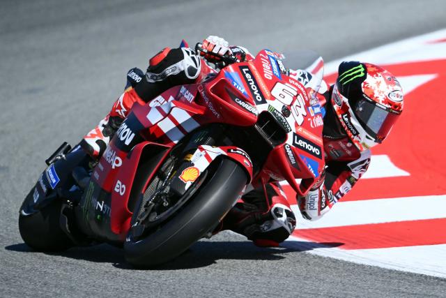 Team Ducati Lenovo Team's Francesco Bagnaia rides during the second free practice session at the Catalunya Moto GP Grand Prix at the Catalunya racetrack in Montmelo, near Barcelona, on May 16, 2026. (Photo by JOSE JORDAN / AFP)