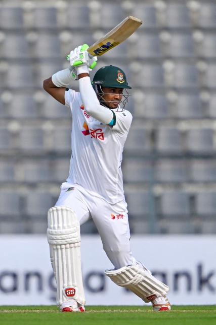Bangladesh’s Shoriful Islam watches the ball after playing a shot during the first day of the second Test cricket match between Bangladesh and Pakistan at the Sylhet International Cricket Stadium in Sylhet on May 16, 2026. (Photo by Munir UZ ZAMAN / AFP)
