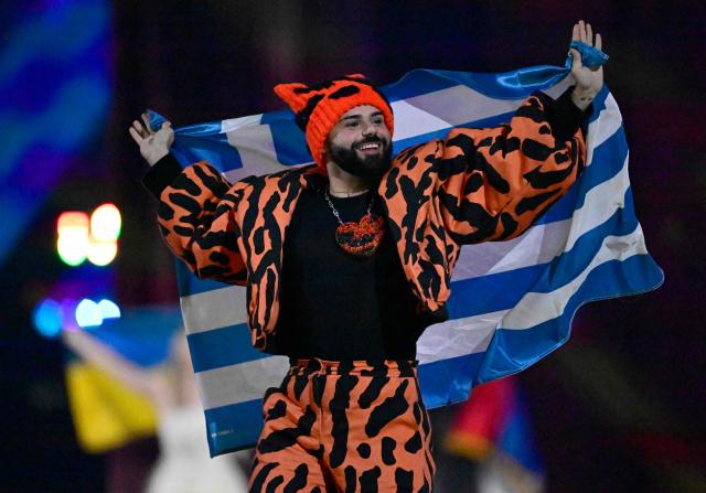 Greek singer Akylas Mytilinaios, aka Akylas arrives for the dress rehearsal for the grand final of the Eurovision Song Contest 2026 (ESC) at Wiener Stadthalle in Vienna, Austria, on May 16, 2026. (Photo by Tobias SCHWARZ / AFP)