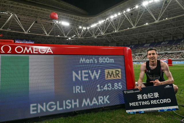 Ireland's Mark English celebrates winning the men's 800m event and breaking the meeting's record during the Shanghai/Keqiao Diamond League athletics meeting in Keqiao, Shaoxing in China's eastern Zhejiang province on May 16, 2026. (Photo by Hector RETAMAL / AFP)