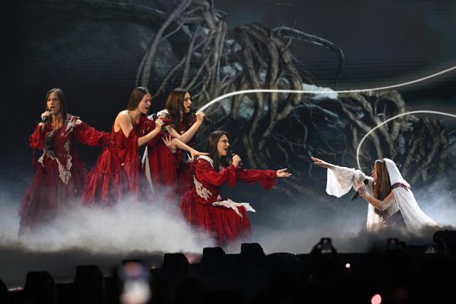 Croatian band Lelek representing Croatia with the song 'Andromeda' performs during a dress rehearsal for the grand final of the Eurovision Song Contest 2026 (ESC) at Wiener Stadthalle in Vienna, Austria, on May 16, 2026. (Photo by HELMUT FOHRINGER / APA / AFP) / Austria OUT