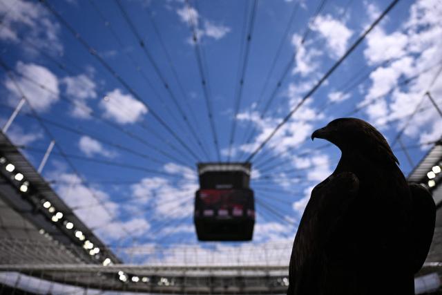Frankfurt's mascot Attila the Eagle silhouettes against the sky prior to the German first division Bundesliga football match between Eintracht Frankfurt and VfB Stuttgart in Frankfurt am Main, western Germany, on May 16, 2026. (Photo by Kirill KUDRYAVTSEV / AFP) / DFL REGULATIONS PROHIBIT ANY USE OF PHOTOGRAPHS AS IMAGE SEQUENCES AND/OR QUASI-VIDEO