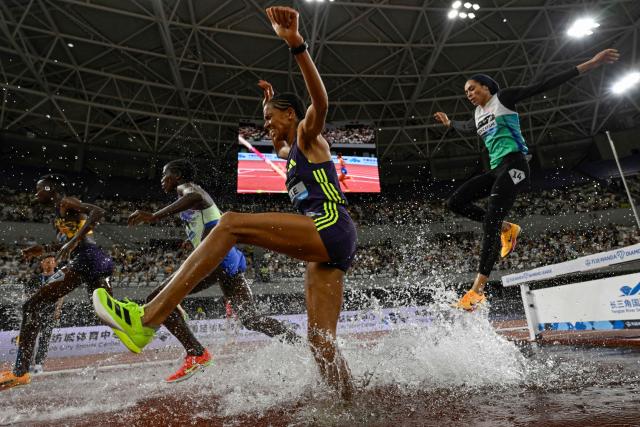 Athletes compete in the women's 3000m steeplechase event during the Shanghai/Keqiao Diamond League athletics meeting in Keqiao, Shaoxing in China's eastern Zhejiang province on May 16, 2026. (Photo by WANG Zhao / AFP)