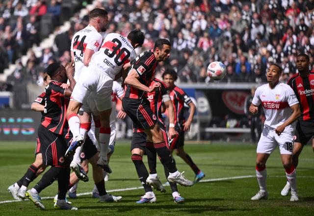Stuttgart's Spanish midfielder #30 Chema Andres (C) scores the 0-1 opening goal during the German first division Bundesliga football match between Eintracht Frankfurt and VfB Stuttgart in Frankfurt am Main, western Germany, on May 16, 2026. (Photo by Kirill KUDRYAVTSEV / AFP) / DFL REGULATIONS PROHIBIT ANY USE OF PHOTOGRAPHS AS IMAGE SEQUENCES AND/OR QUASI-VIDEO