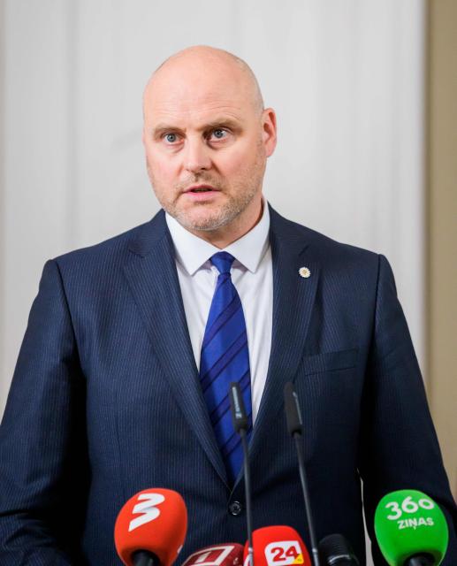 Andris Kulbergs speaks during a press conference after Latvia's President asked him to form a new cabinet of ministers after meeting with all factions of the Saeima, Latvia's parliament, on May 16, 2026 in Riga, Latvia. Latvia's Prime Minister Evika Silina had resigned on May 14, 2026 over her government's handling of Ukrainian drones that strayed into Latvian territory during attacks in Russia. (Photo by Gints Ivuskans and AFP / AFP)
