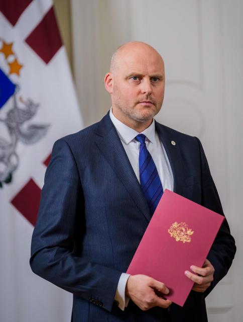 Andris Kulbergs speaks during a press conference after Latvia's President asked him to form a new cabinet of ministers after meeting with all factions of the Saeima, Latvia's parliament, on May 16, 2026 in Riga, Latvia. Latvia's Prime Minister Evika Silina had resigned on May 14, 2026 over her government's handling of Ukrainian drones that strayed into Latvian territory during attacks in Russia. (Photo by Gints Ivuskans and AFP / AFP)