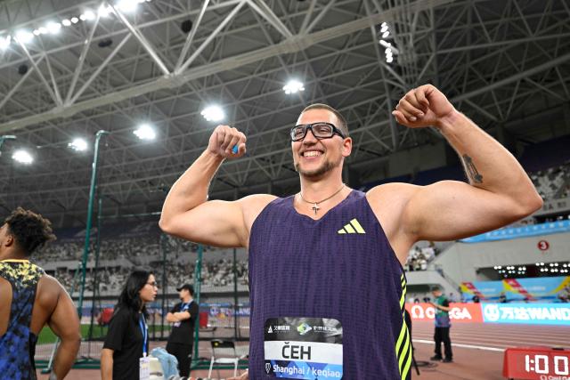 Slovenia's Kristjan Ceh celebrates winning the men's discus throw event during the Shanghai/Keqiao Diamond League athletics meeting in Keqiao, Shaoxing in China's eastern Zhejiang province on May 16, 2026. (Photo by WANG Zhao / AFP)
