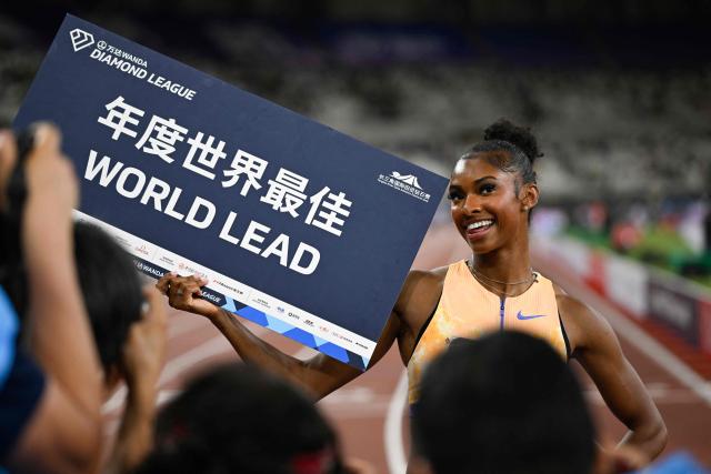 USA's Masai Russell celebrates winning the women's 100m hurdles event during the Shanghai/Keqiao Diamond League athletics meeting in Keqiao, Shaoxing in China's eastern Zhejiang province on May 16, 2026. (Photo by WANG Zhao / AFP)