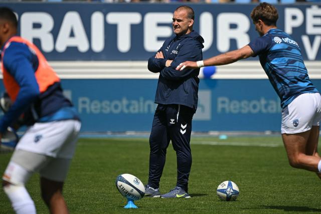 Montpellier's French head coach Joan Caudullo looks on ahead of the French Top 14 rugby union match between Castres Olympique and Montpellier Herault Rugby at Stade Pierre Fabre in Castres, southern France on May 16, 2026. (Photo by Matthieu RONDEL / AFP)