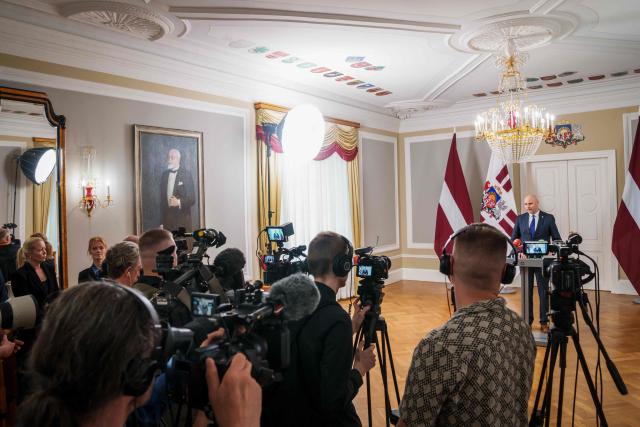 Andris Kulbergs speaks during a press conference after Latvia's President asked him to form a new cabinet of ministers after meeting with all factions of the Saeima, Latvia's parliament, on May 16, 2026 in Riga, Latvia. Latvia's Prime Minister Evika Silina had resigned on May 14, 2026 over her government's handling of Ukrainian drones that strayed into Latvian territory during attacks in Russia. (Photo by Gints Ivuskans and AFP / AFP)