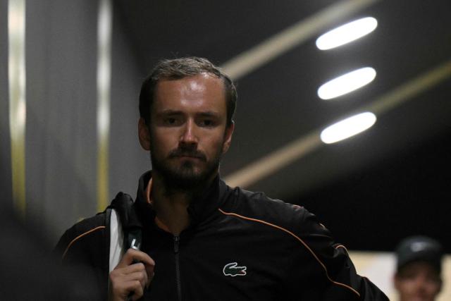 Russia's Daniil Medvedev, prepares to enter the court for the end of the semi-final against Italy's Jannik Sinner, which was postponed due to bad weather, at the ATP Rome Open tennis tournament at Foro Italico in Rome on May 16, 2026. (Photo by Tiziana FABI / AFP)