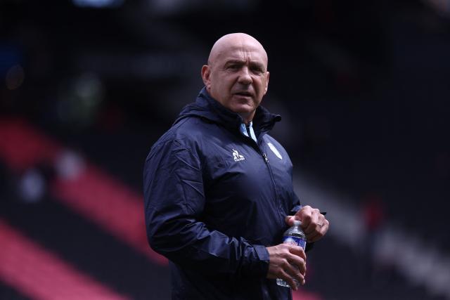Bayonne's French Rugby Director Laurent Travers looks on ahead of the French Top14 rugby union match between Lyon Olympique Universitaire Rugby and Aviron Bayonnais (Bayonne) at the Gerland Stadium in Lyon, central-eastern France on May 16, 2026. (Photo by Alex MARTIN / AFP)