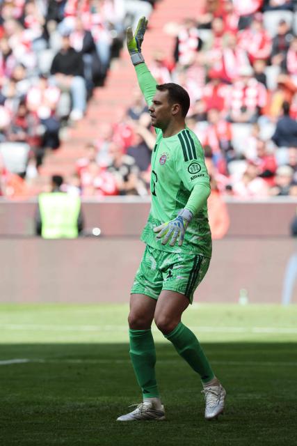 Bayern Munich's German goalkeeper #01 Manuel Neuer gestures during the German first division Bundesliga football match between FC Bayern Munich and FC Cologne in Munich, southern Germany, on May 16, 2026. (Photo by Alexandra BEIER / AFP) / DFL REGULATIONS PROHIBIT ANY USE OF PHOTOGRAPHS AS IMAGE SEQUENCES AND/OR QUASI-VIDEO