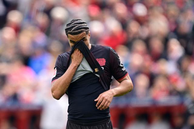 Bayer Leverkusen's US-German midfielder #10 Malik Tillman reacts during the German first division Bundesliga football match between Bayer Leverkusen and Hamburger SV (HSV) in Leverkusen, western Germany, on May 16, 2026. (Photo by INA FASSBENDER / AFP) / DFL REGULATIONS PROHIBIT ANY USE OF PHOTOGRAPHS AS IMAGE SEQUENCES AND/OR QUASI-VIDEO