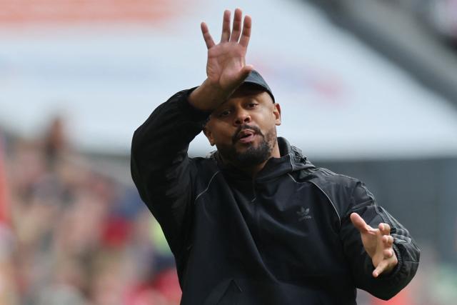 Bayern Munich's Belgian head coach Vincent Kompany (C) gestures during the German first division Bundesliga football match between FC Bayern Munich and FC Cologne in Munich, southern Germany, on May 16, 2026. (Photo by Alexandra BEIER / AFP) / DFL REGULATIONS PROHIBIT ANY USE OF PHOTOGRAPHS AS IMAGE SEQUENCES AND/OR QUASI-VIDEO
