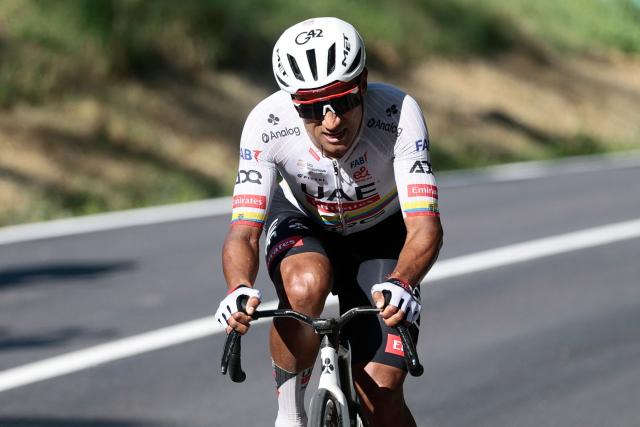UAE Team Emirates - XRG Ecuadorian rider Jhonatan Narvaez climbs the Capodarco during the 8th stage of the Giro d'Italia 2026 - Tour of Italy cycling race between Chieti and Fermo, central Italy on May 16, 2026. (Photo by Luca Bettini / AFP)