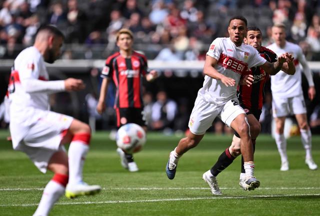 Stuttgart's Danish midfielder #28 Nikolas Nartey (R) scores the 0-2 goal during the German first division Bundesliga football match between Eintracht Frankfurt and VfB Stuttgart in Frankfurt am Main, western Germany, on May 16, 2026. (Photo by Kirill KUDRYAVTSEV / AFP) / DFL REGULATIONS PROHIBIT ANY USE OF PHOTOGRAPHS AS IMAGE SEQUENCES AND/OR QUASI-VIDEO