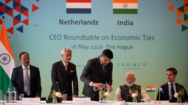 Indian Prime Minister Narendra Modi (2ndR) and Netherlands' Prime Minister Rob Jetten react during an official visit of India's Prime Minister in The Hague on May 16, 2026. (Photo by Lina Selg / AFP)