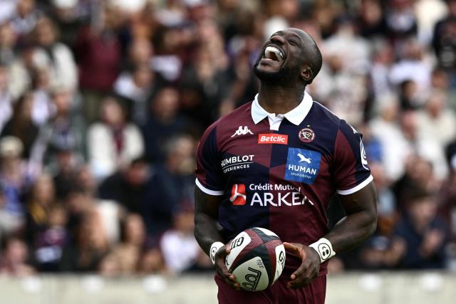 Bordeaux-Begles’ French lock Cameron Woki reacts after scoring a try during the French Top 14 rugby union match between Union Bordeaux-Begles (UBB) and USAP Perpignan at the Chaban-Delmas Stadium in Bordeaux, south-western France on May 16, 2026. (Photo by Philippe LOPEZ / AFP)