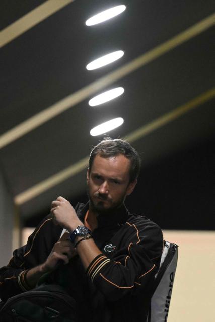 Russia's Daniil Medvedev, prepares to enter the court for the end of the semi-final against Italy's Jannik Sinner, which was postponed due to bad weather, at the ATP Rome Open tennis tournament at Foro Italico in Rome on May 16, 2026. (Photo by Tiziana FABI / AFP)