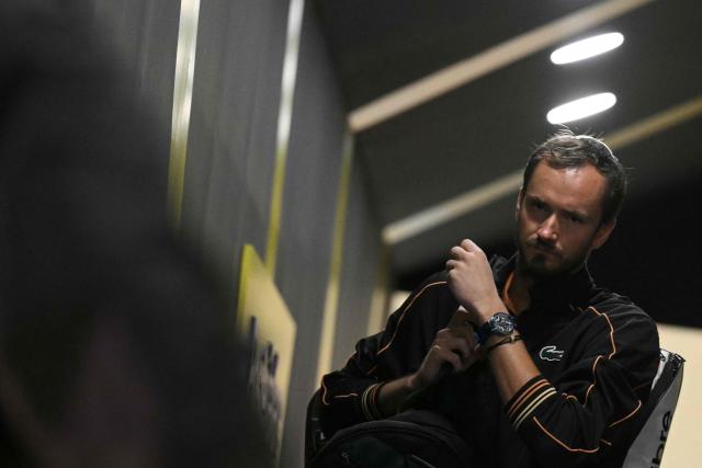 Russia's Daniil Medvedev, prepares to enter the court for the end of the semi-final against Italy's Jannik Sinner, which was postponed due to bad weather, at the ATP Rome Open tennis tournament at Foro Italico in Rome on May 16, 2026. (Photo by Tiziana FABI / AFP)
