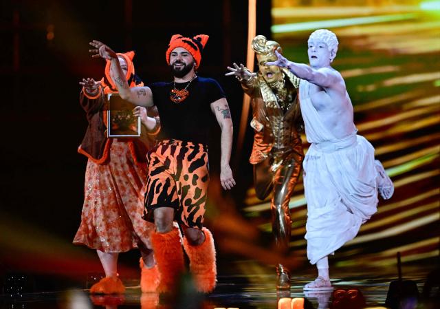 Greek singer Akylas Mytilinaios, aka Akylas performs during the dress rehearsal for the grand final of the Eurovision Song Contest 2026 (ESC) at Wiener Stadthalle in Vienna, Austria, on May 16, 2026. (Photo by Tobias SCHWARZ / AFP)