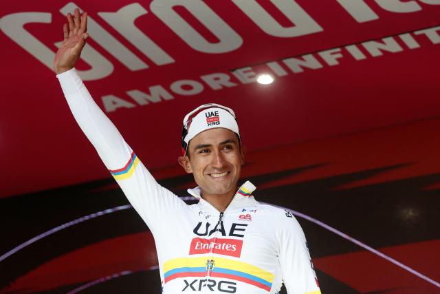 UAE Team Emirates - XRG Ecuadorian rider Jhonatan Narvaez celebrates on the podium after winning the 8th stage of the Giro d'Italia 2026 - Tour of Italy cycling race between Chieti and Fermo, central Italy on May 16, 2026. (Photo by Luca Bettini / AFP)