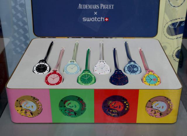 This photo taken on May 15, 2026, shows a display case featuring the Audemars Piguet x Swatch Royal Pop watch at the Swatch store in Times Square in New York, ahead of the May 16 release. The collaboration between two Swiss watch brands, Swatch and Audemars Piguet, was highly anticipated by fans with some clients waiting for days ahead of the release. (Photo by TIMOTHY A. CLARY / AFP)